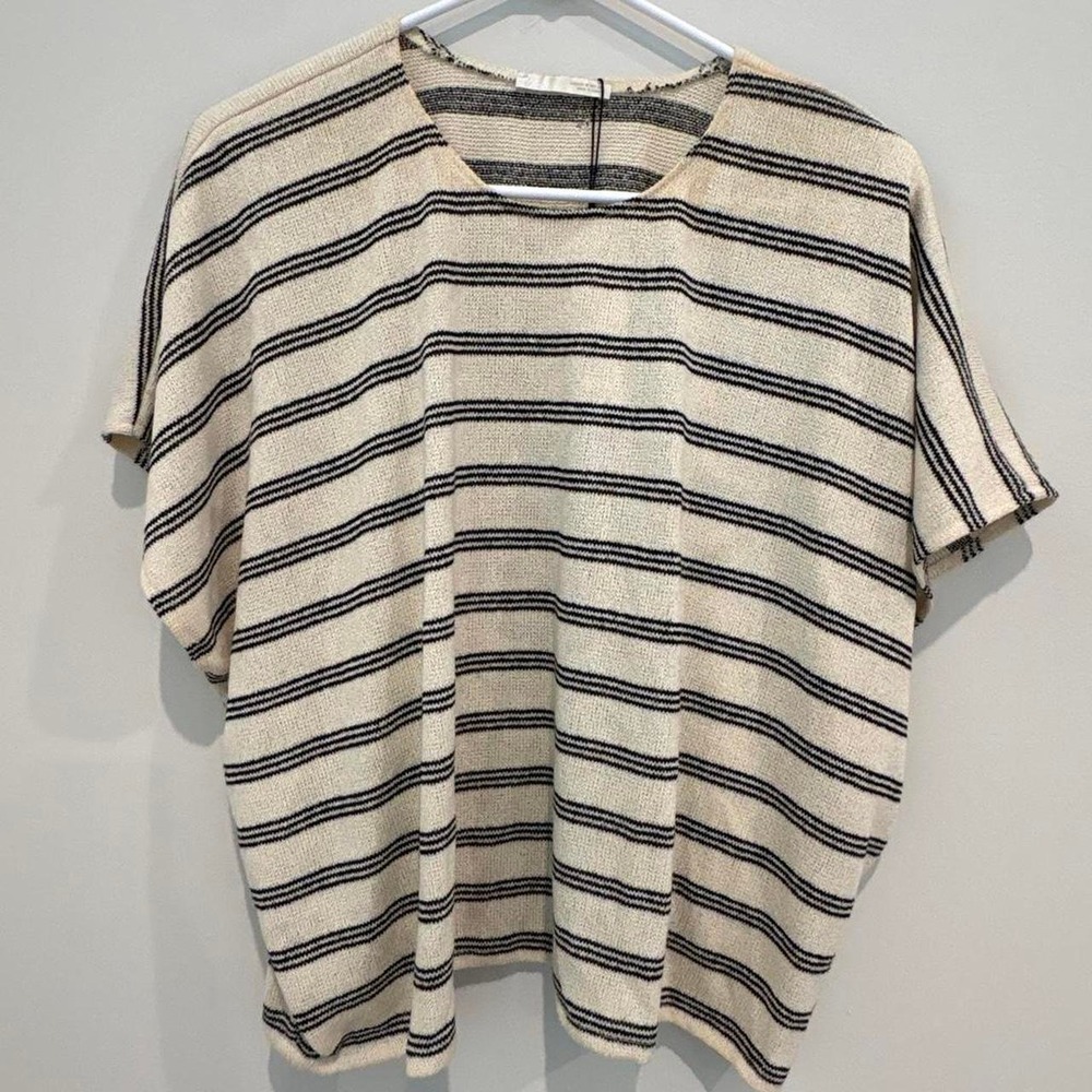 Zara Boxy Knit Striped Top Black Cream Short Sleeve Sweater Medium NWOT